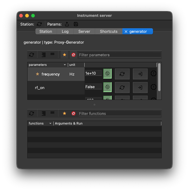The generator's instrument window with parameters at their initial values