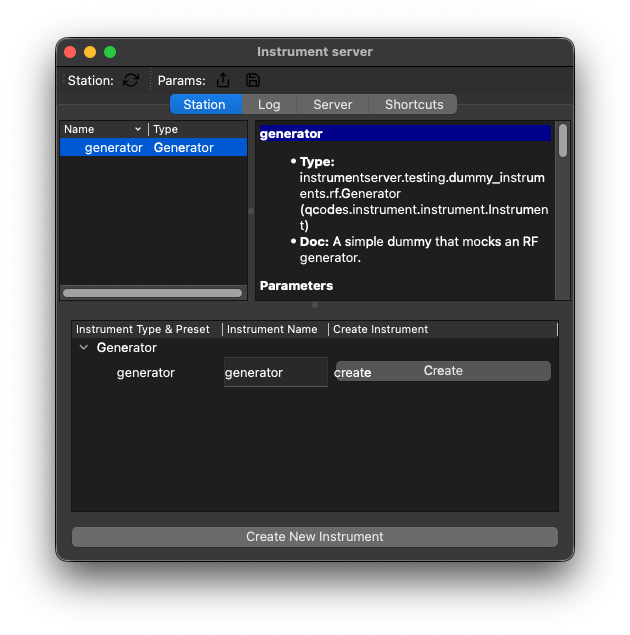 The server window showing the generator and its parameters