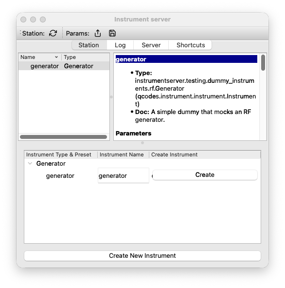 The server window showing the generator and its parameters